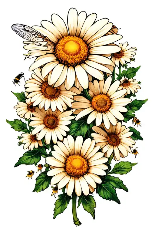 Daisy flower, bees, infinity sign tattoo design idea