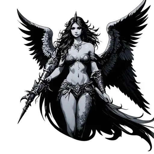 beautiful arch angel warrior woman tattoo design idea