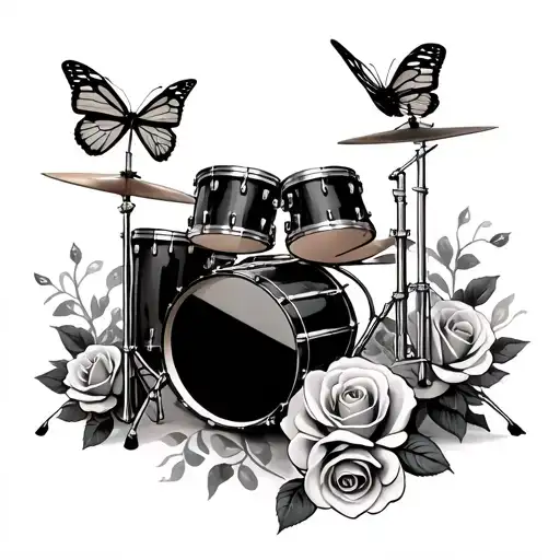 drum kit and butterflies with roses tattoo design idea
