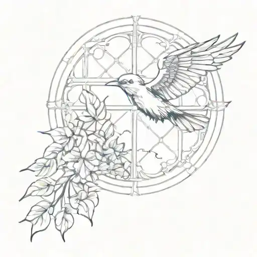 cathedral window with bird flying tattoo design idea