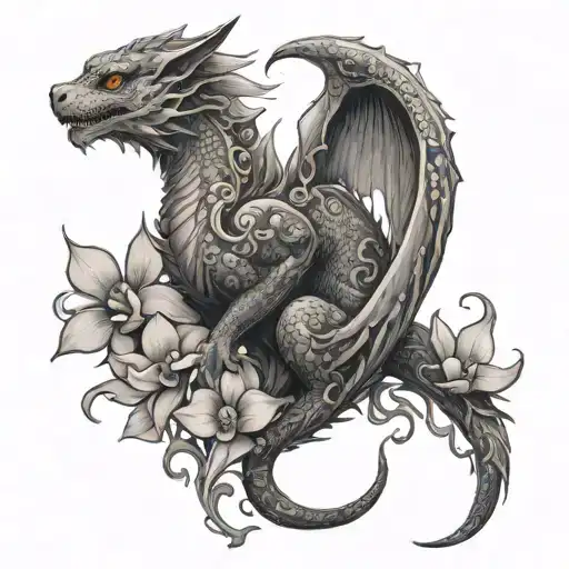 Elegant tattoo of a female tazelwurm cat dragon, full body picture with its feathery tail wrapped around an orchid tattoo design idea