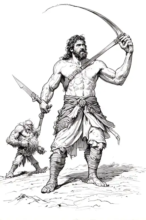 david ready with slingshot and Goliath facing ready for battle  tattoo design idea