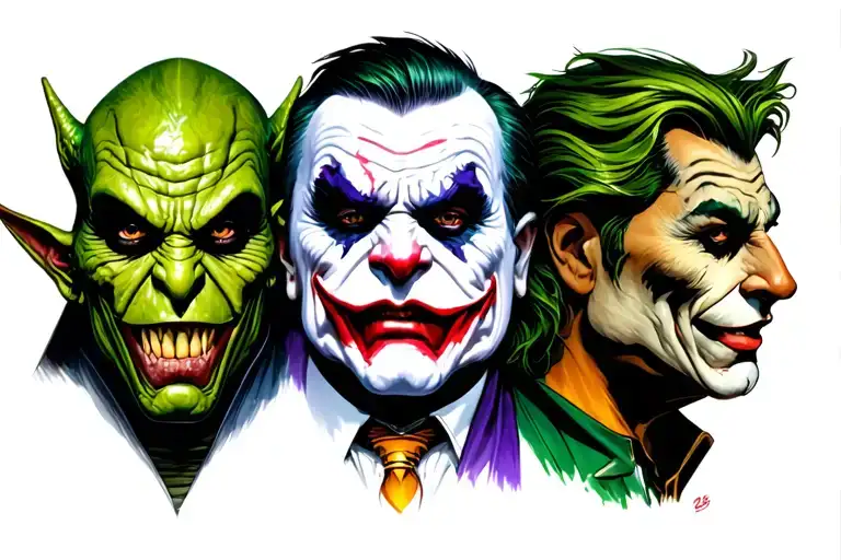 Dr Facillier Green Goblin Darth Vader Tai Lung Joker all together do not combine their faces but make each individual tattoo design idea