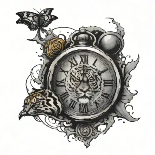 broken clock with tiger and bible verse tattoo design idea