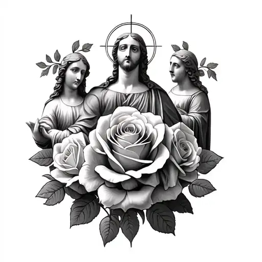 roses with statues of st. Jude, st. Joseph, st. Cecilia, st. camillus tattoo design idea