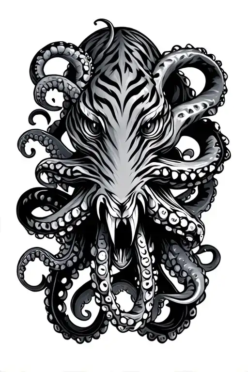 black and gray kraken above helbow centered with octopuss tentacles and tiger stripes patter, rugged skin agressive eyes tattoo design idea