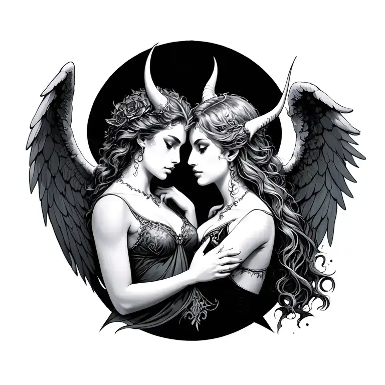 well and bad, angel and demon tattoo design idea