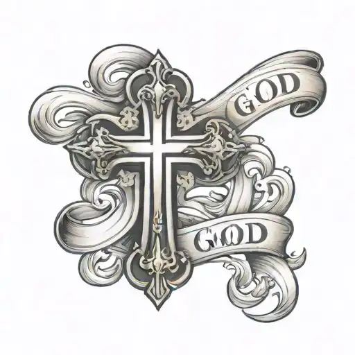 small cross tattoo with the words "God is good to me" tattoo design idea