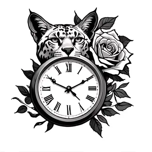 Half-sleeve arm tattoo of a clock with hands marking 8:56 am, above it the face of a puma and above the puma a rose with tattoo design idea