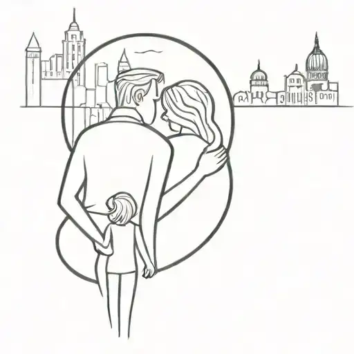 husband, wife and child against the backdrop of the city tattoo design idea