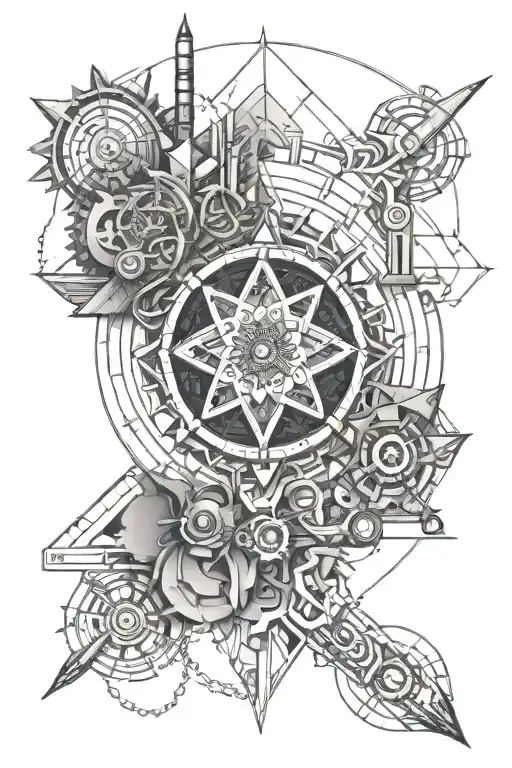 A geometric mandala incorporating elements of construction tools and symbols of spirituality tattoo design idea