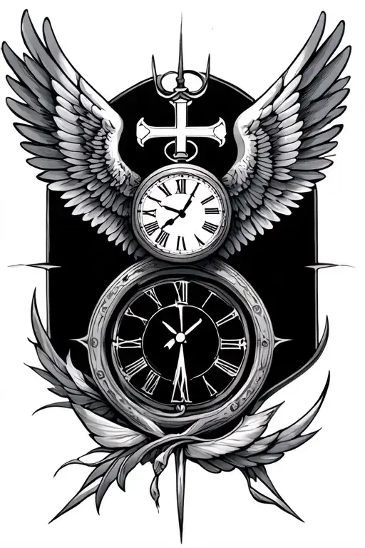 angle wings with clock and cross tattoo design idea