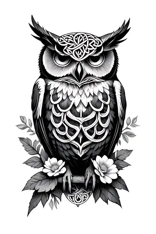celtic pagan druidic skulls flowers snakes lace type owl perched tattoo design idea