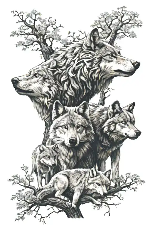 wolf family 2 adults 2 kids oak tree growing tattoo design idea