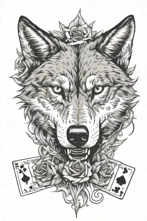 Main piece needs to be an angry, mean looking wolf. a rose made of 100 dollar bills, with A J Q K playing cards, based o tattoo design idea