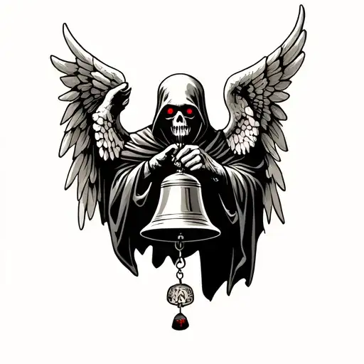 The grim reaper handing out a dangling guardian bell with a guardian angel wings on the bell and has red eyes tattoo design idea