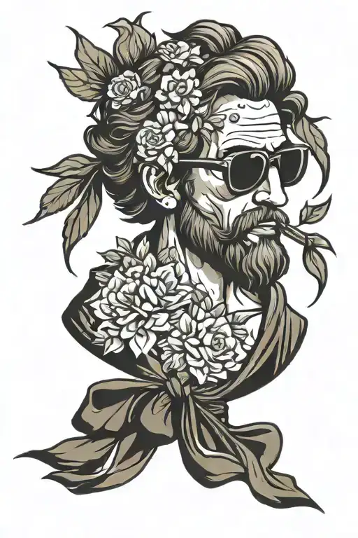 odysseus with bow and floral shirt and sunglassess tattoo design idea