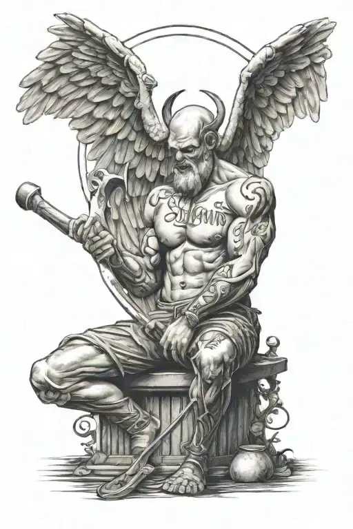 prison bar, hour glass, angel with ax killing devil while kneeling tattoo design idea
