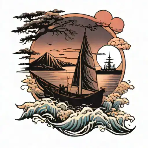 outrun sunset scene with boat sailing tattoo design idea