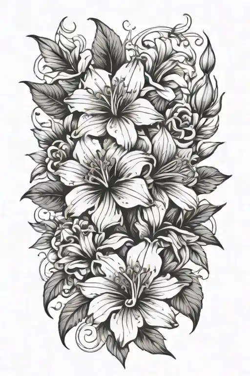 Habiscus flower intertwined roses and lillies roses sunflower tattoo design idea
