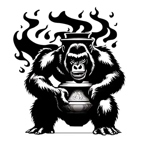 roaring gorilla vase flame tattoo design idea