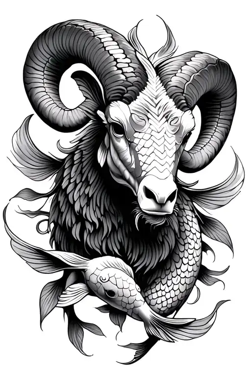 ram with 2 koi fish circling the ram tattoo design idea