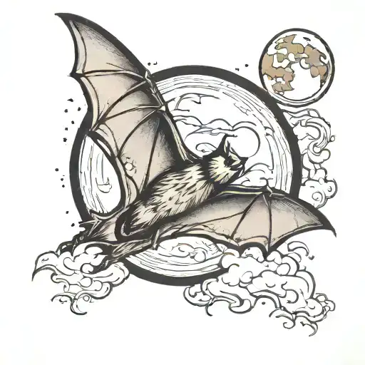 bat flying towards moon tattoo design idea