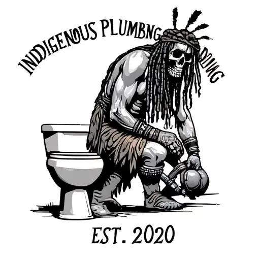 "INDIGENOUS PLUMBING EST.2020" skull dreadlock Native American warrior fixing a toilet tattoo design idea