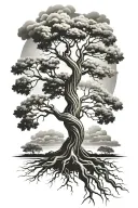 tree of life with roots intertwined, representing loyalty, and surrounded by clouds tattoo design idea