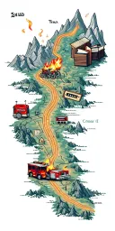 map with landmarks with road, mountains, trex fire truck, mountain bike drum set, cassette tape, book on fire, tattoo design idea