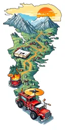 map with landmarks with road, mountains, trex fire truck, mountain bike drum set, cassette tape, book on fire, tattoo design idea
