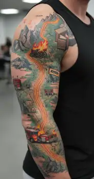map with landmarks with road, mountains, trex fire truck, mountain bike drum set, cassette tape, book on fire, tattoo design idea