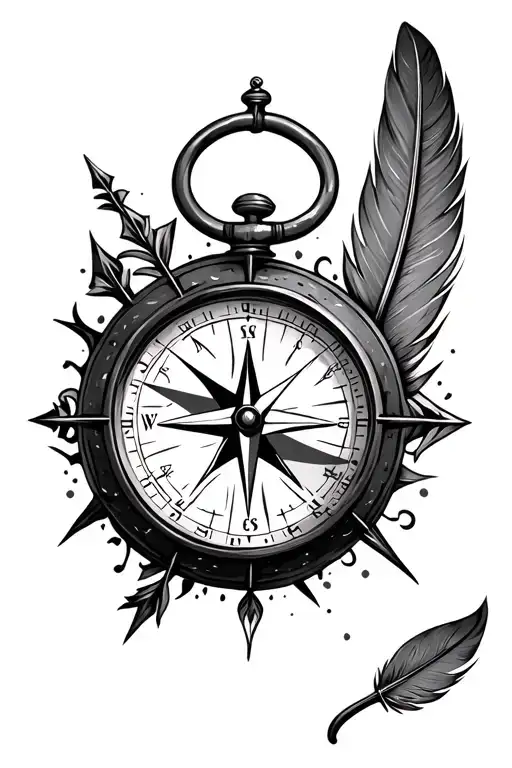 compass, clock, arrow and feather tattoo design idea