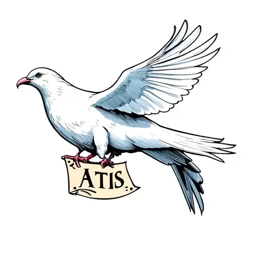 A realistic portrait of a white dove carrying a banner with the word 'Atis' in its beak tattoo design idea