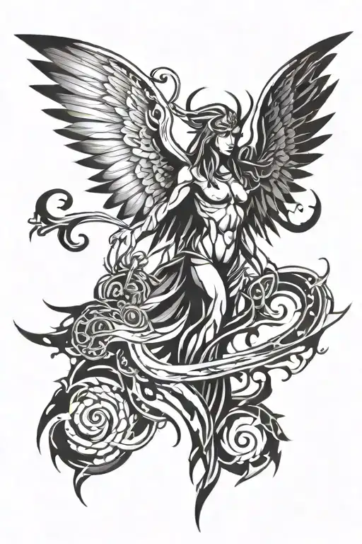 a six-winged seraphim with wings and horns in an abstract style  tattoo design idea