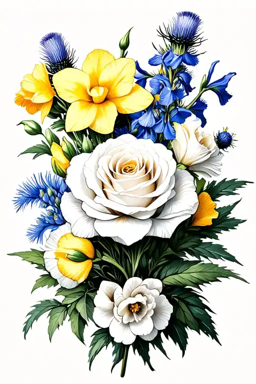 white roses yellow daffodils white carnations blue irises light blue delphiniums white Veronica & sea holly thistles  tattoo design idea