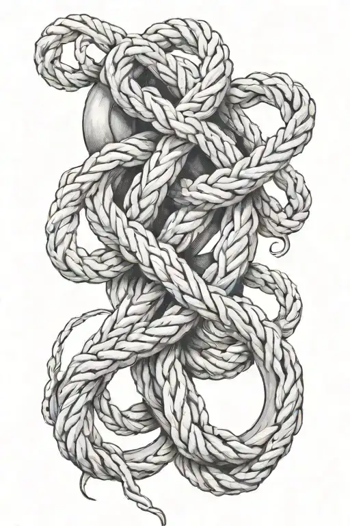 A sleeve tattoo featuring various types of knots intertwined with rope and your wedding ring as a focal point tattoo design idea