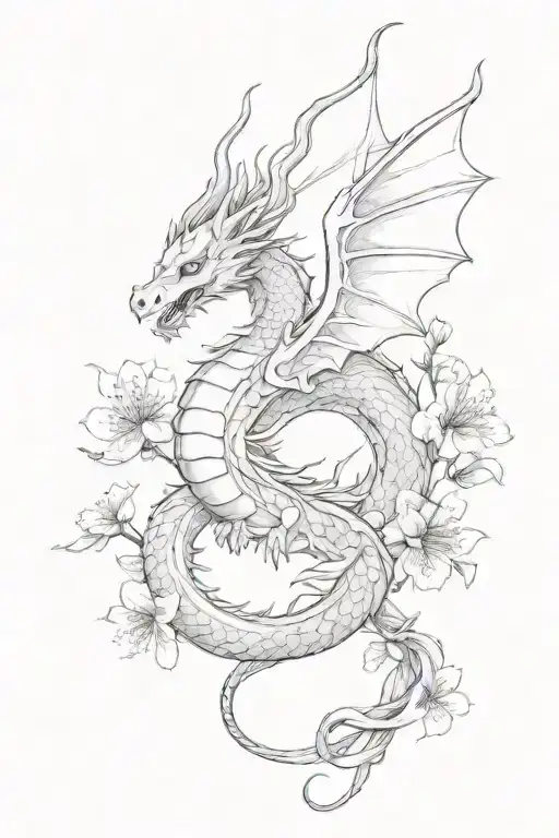 Mythical dragon with wings and flowers blooming cherry blossom tattoo design idea