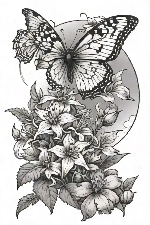 larkspur aster flowers with one butterfly moon and cardinal tattoo design idea