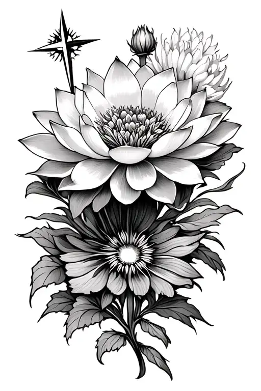 carnation, marigold, lotus flower, cross, compass, be still, semi colon tattoo design idea