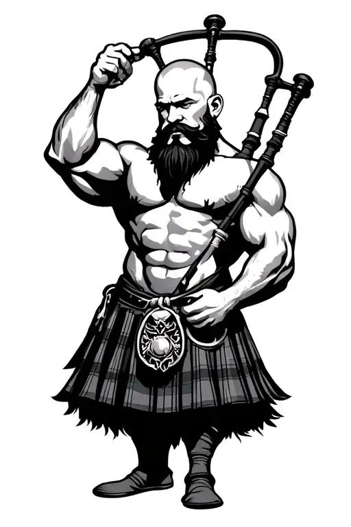 muscular bagpiper bald black beard tattoo design idea