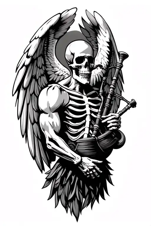 winged muscular skeleton playing bagpipes tattoo design idea