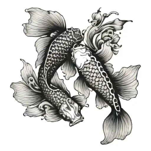 two koi fish that are white and black with mottled scales like a cow swimming together with minimalist details around  tattoo design idea