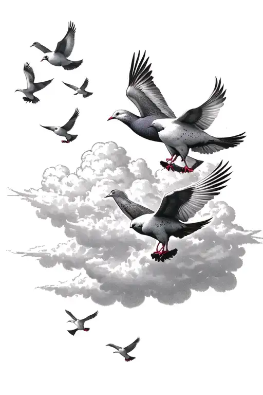 a group of doves flying out of a cloud filled sky tattoo design idea