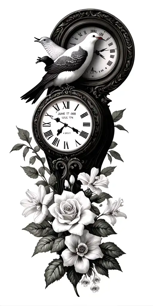 Clock face, two doves, roses, Roman numeral for June 17, 1980 and July 14, 1974, delphinium , Lilly of valley, daffodil tattoo design idea