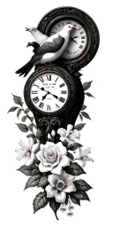 Clock face, two doves, roses, Roman numeral for June 17, 1980 and July 14, 1974, delphinium , Lilly of valley, daffodil tattoo design idea