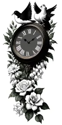 Clock face, two doves, roses, Roman numeral for June 17, 1980 and July 14, 1974, delphinium , Lilly of valley, daffodil tattoo design idea