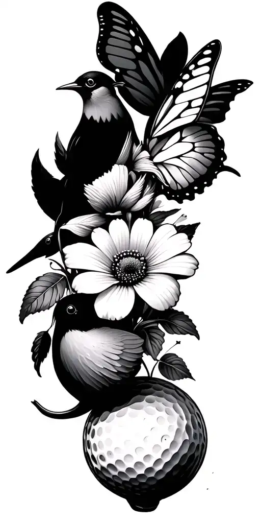 flowers butterfly bird and golf ball tattoo design idea