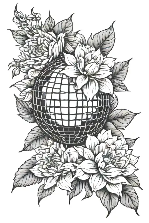 disco ball nested in dahlia roses and peonie flowers tattoo design idea