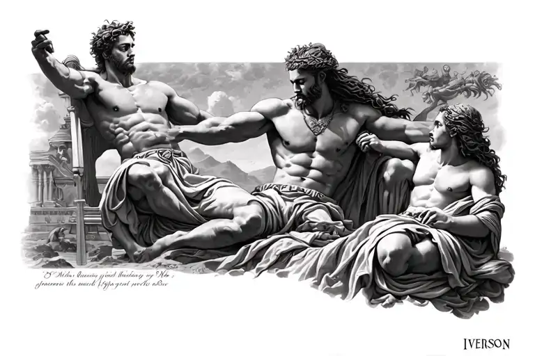"Iverson" written Greek mythology scene tattoo design idea